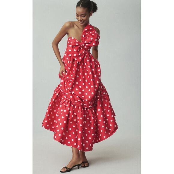 Anthropologie Dresses & Skirts - Anthropologie Astu Sally Bow Midi Dress Size Medium Red Polka Dot